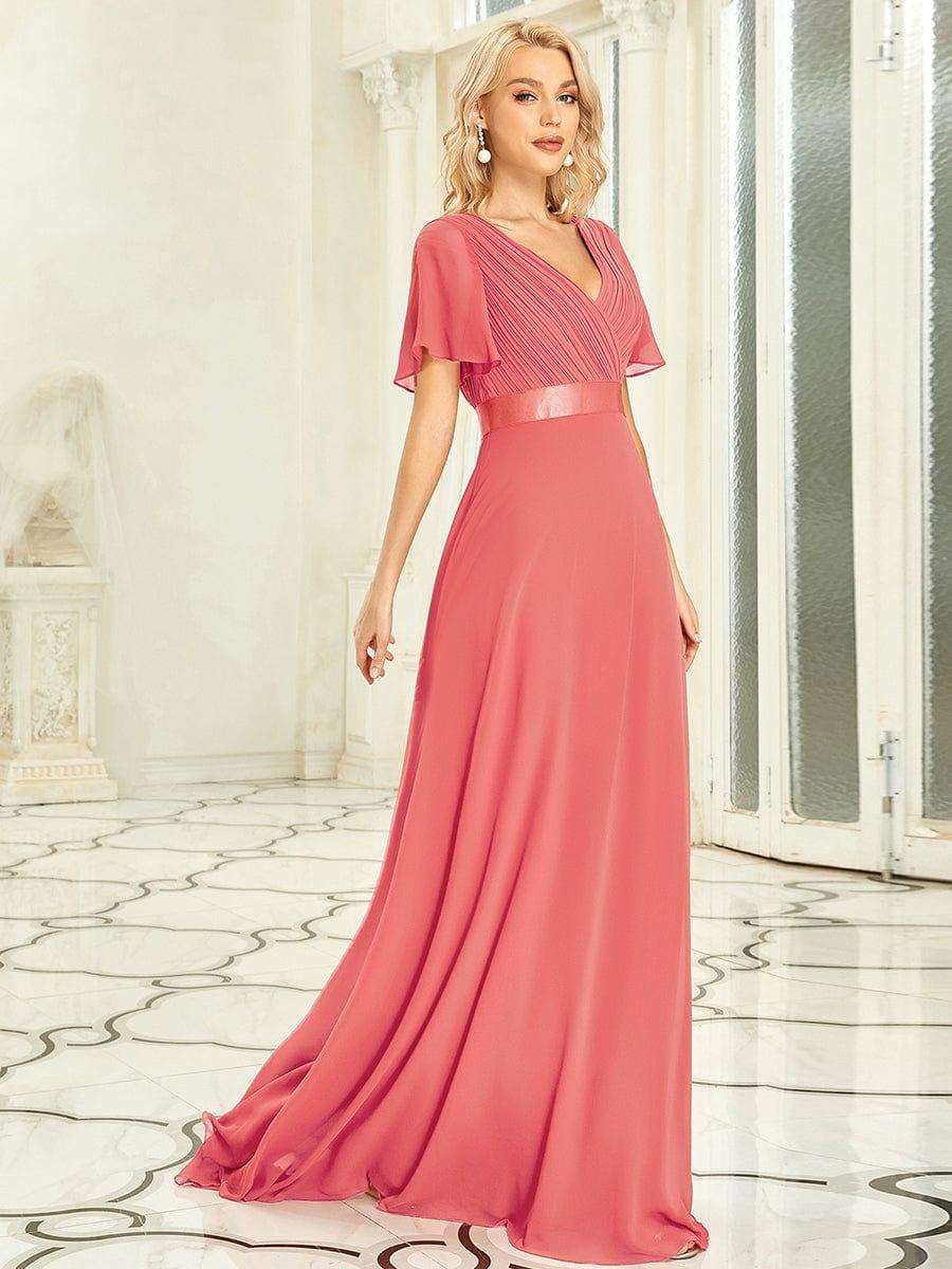 MONICA|Long Empire Waist Bridesmaid Dress with Short Flutter Sleeves