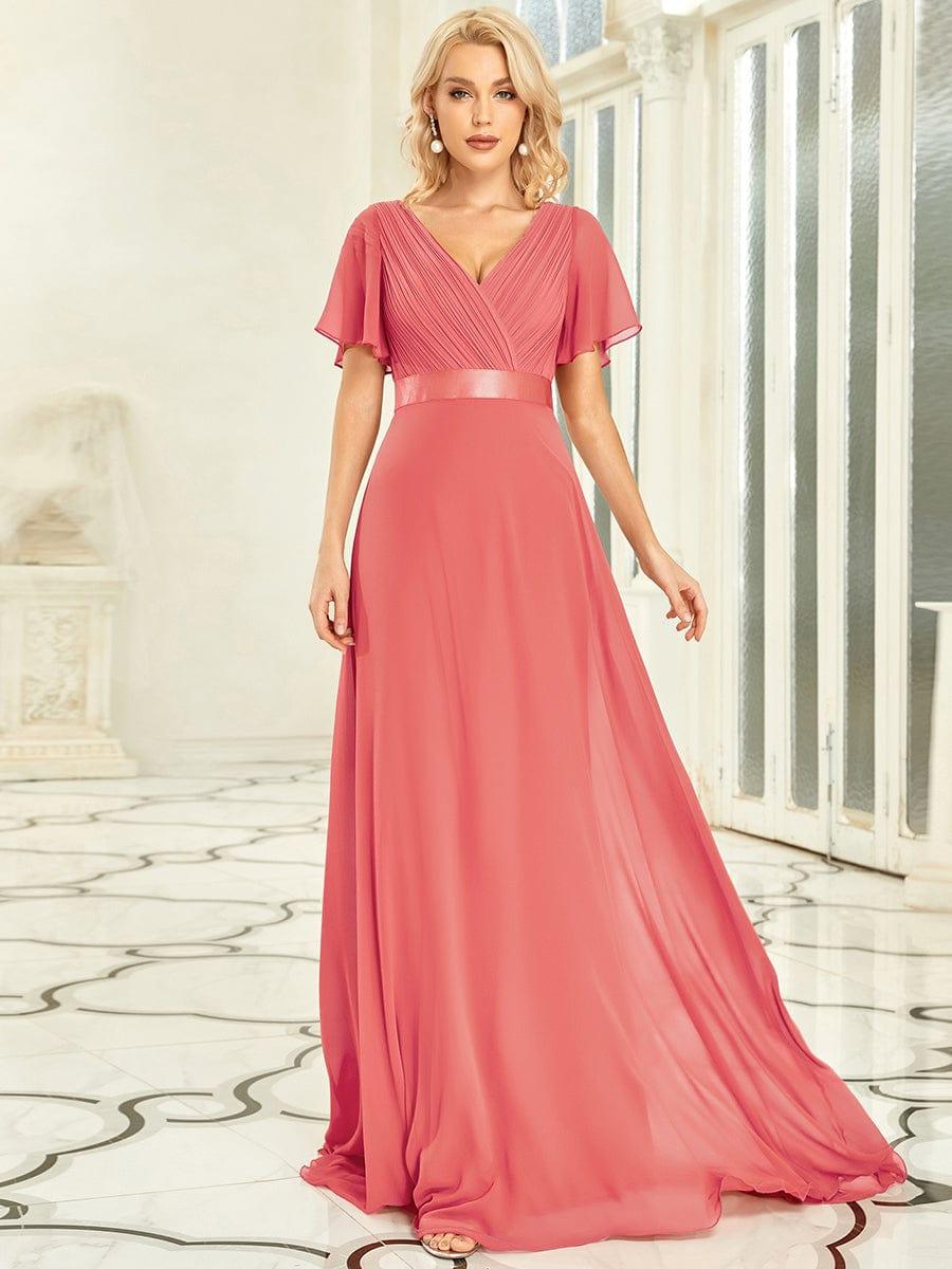 MONICA|Long Empire Waist Bridesmaid Dress with Short Flutter Sleeves
