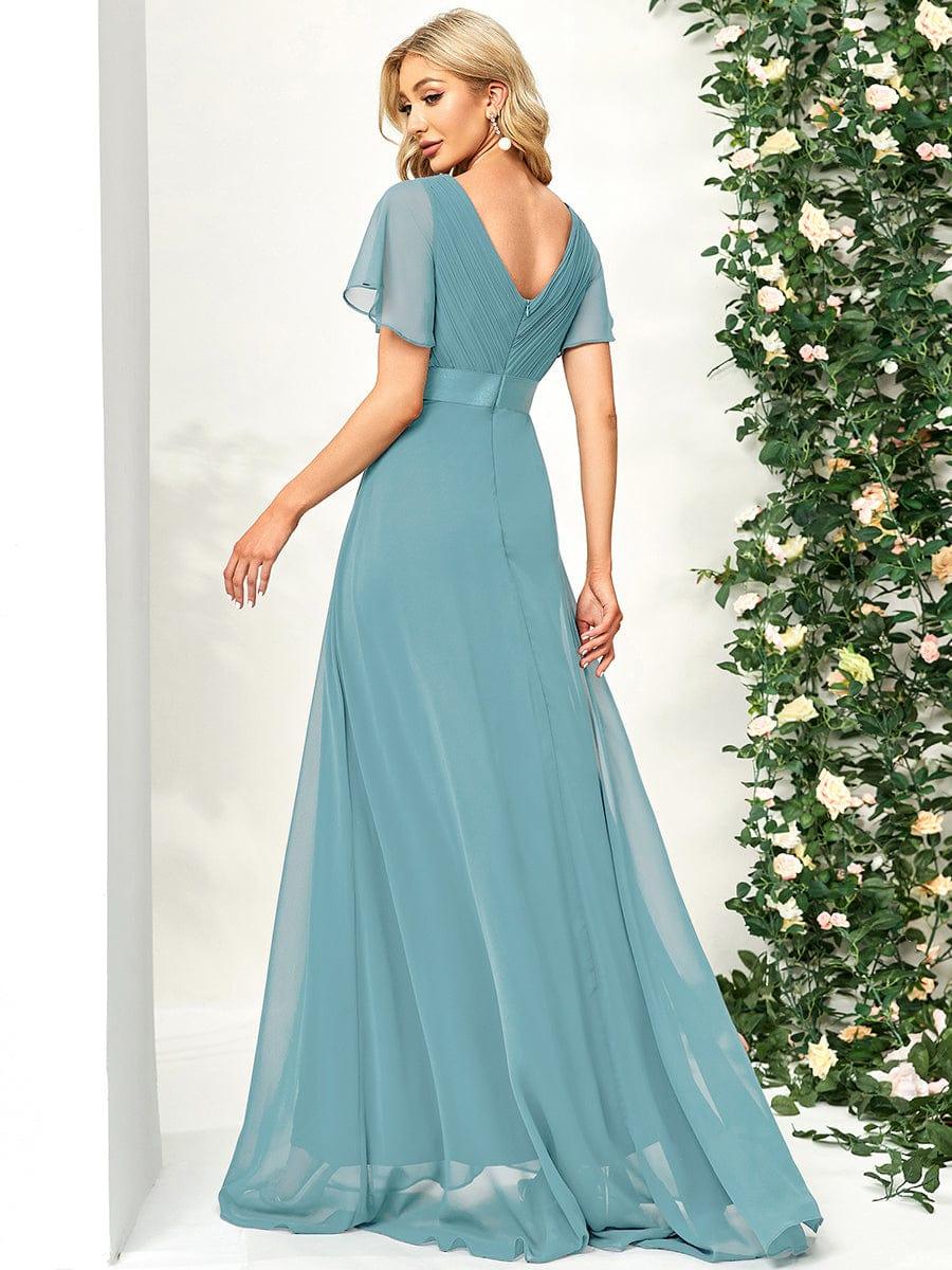 MONICA|Long Empire Waist Bridesmaid Dress with Short Flutter Sleeves