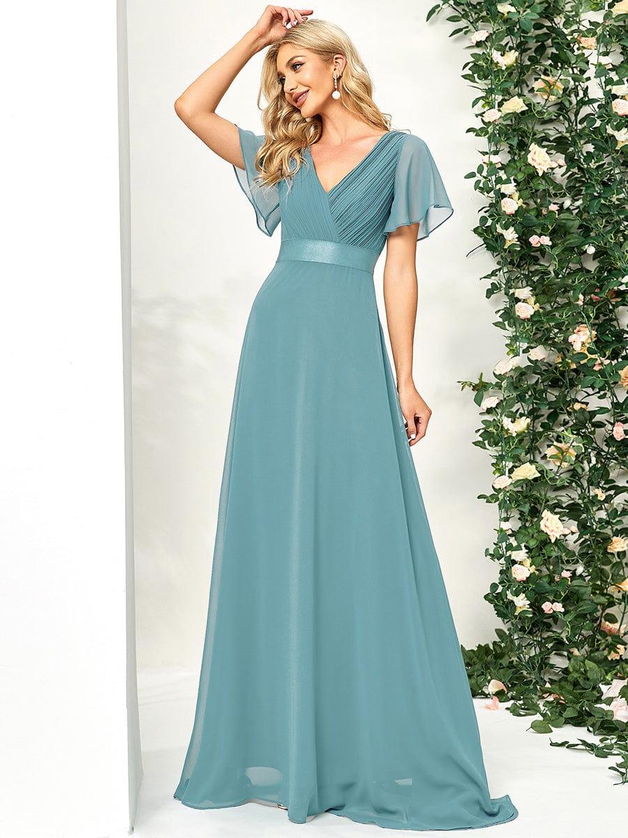 MONICA|Long Empire Waist Bridesmaid Dress with Short Flutter Sleeves