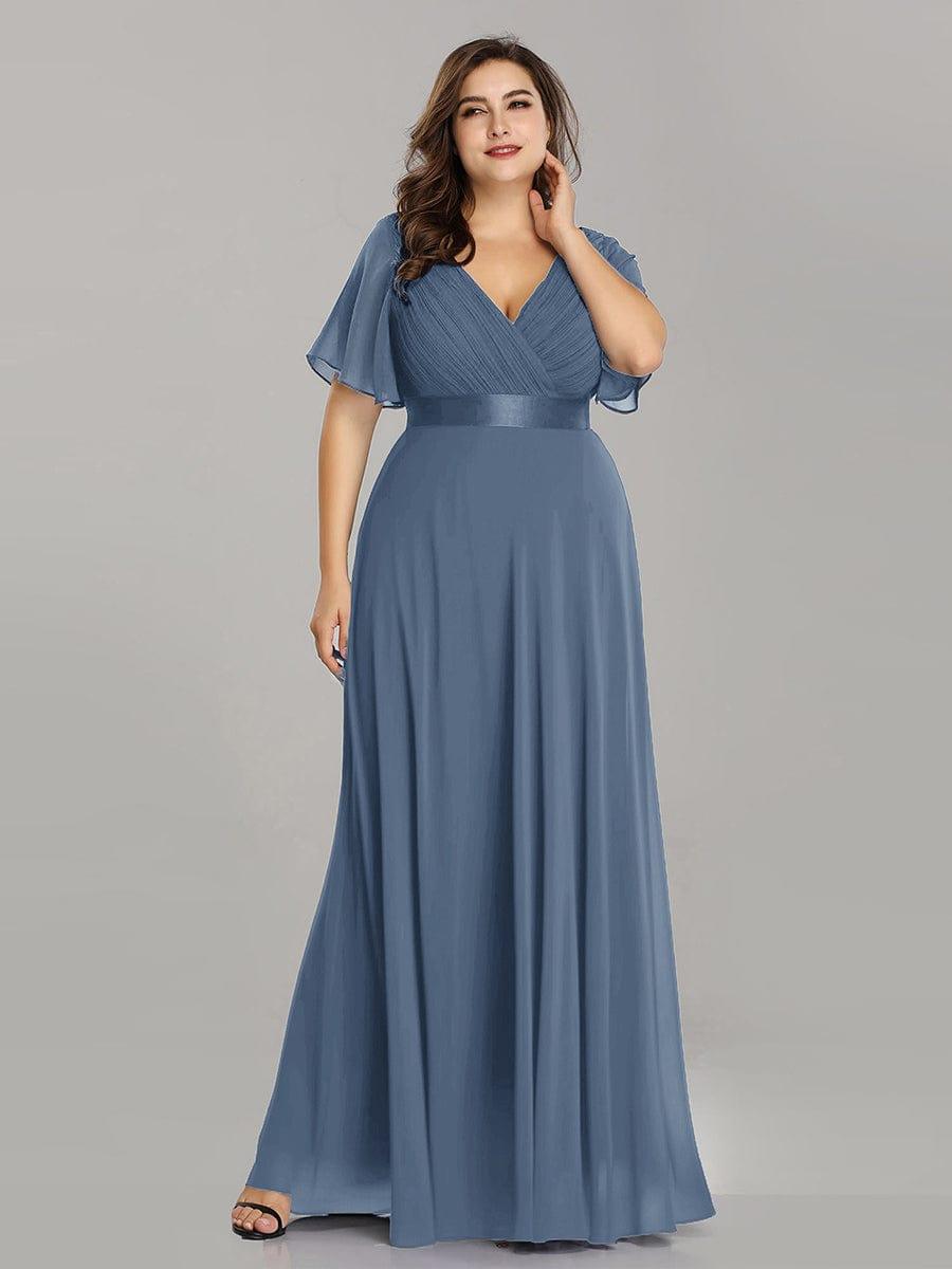 pretty MONICA|Plus Size Empire Waist V Back Bridesmaid Dress with Short Sleeves