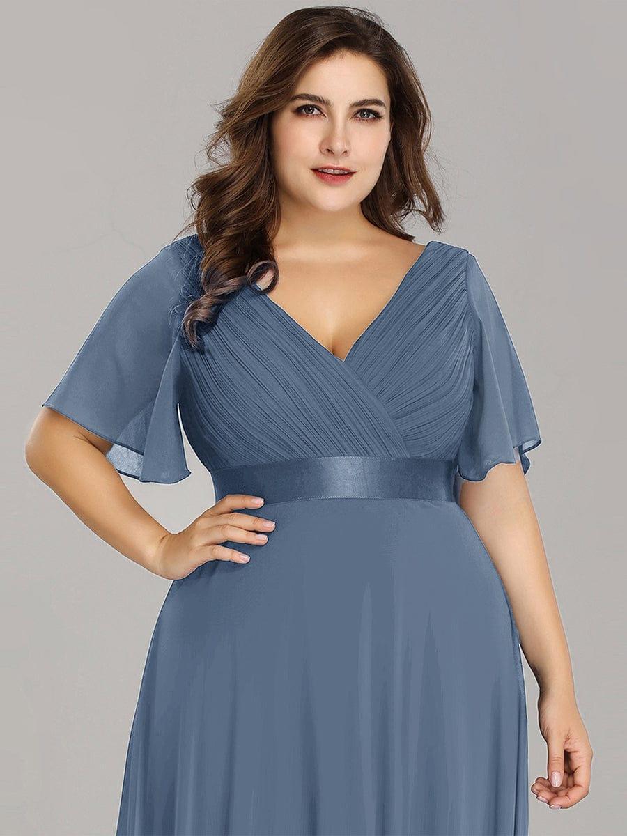 pretty MONICA|Plus Size Empire Waist V Back Bridesmaid Dress with Short Sleeves