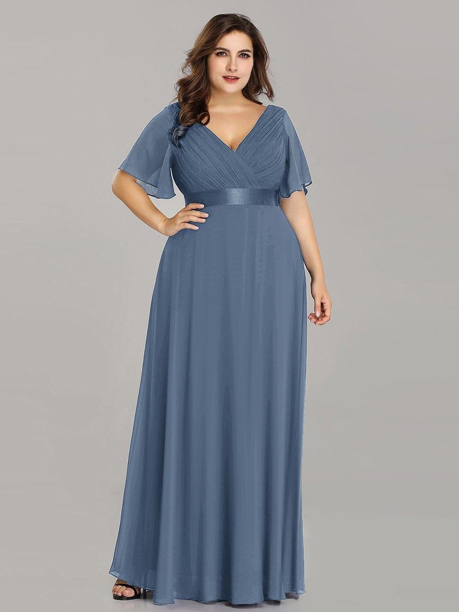 pretty MONICA|Plus Size Empire Waist V Back Bridesmaid Dress with Short Sleeves