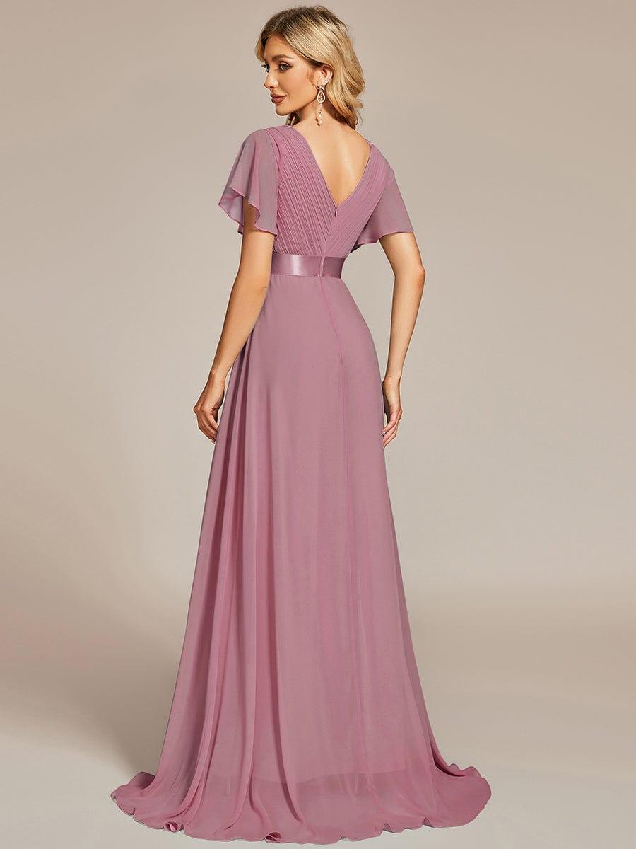 MONICA|Long Empire Waist Bridesmaid Dress with Short Flutter Sleeves
