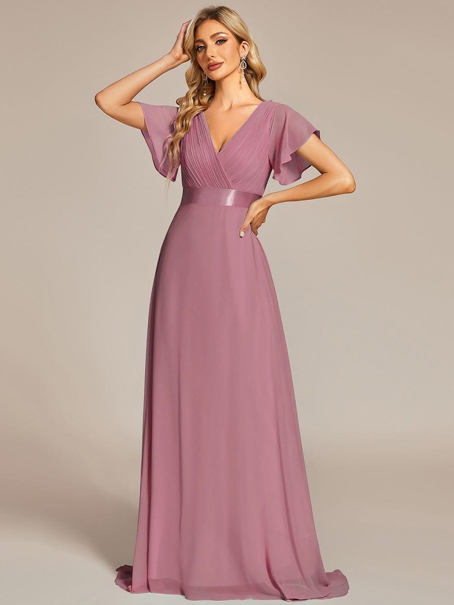 MONICA|Long Empire Waist Bridesmaid Dress with Short Flutter Sleeves