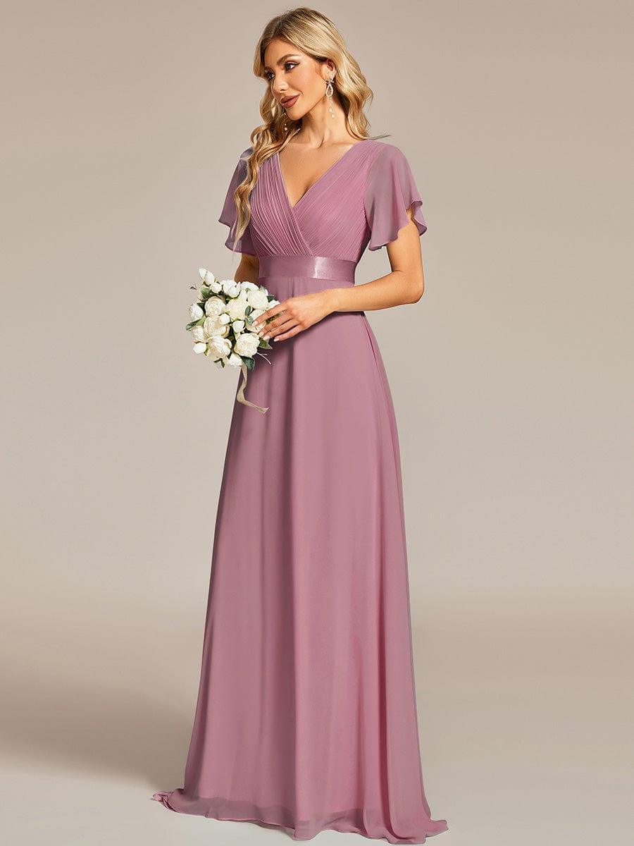 MONICA|Long Empire Waist Bridesmaid Dress with Short Flutter Sleeves