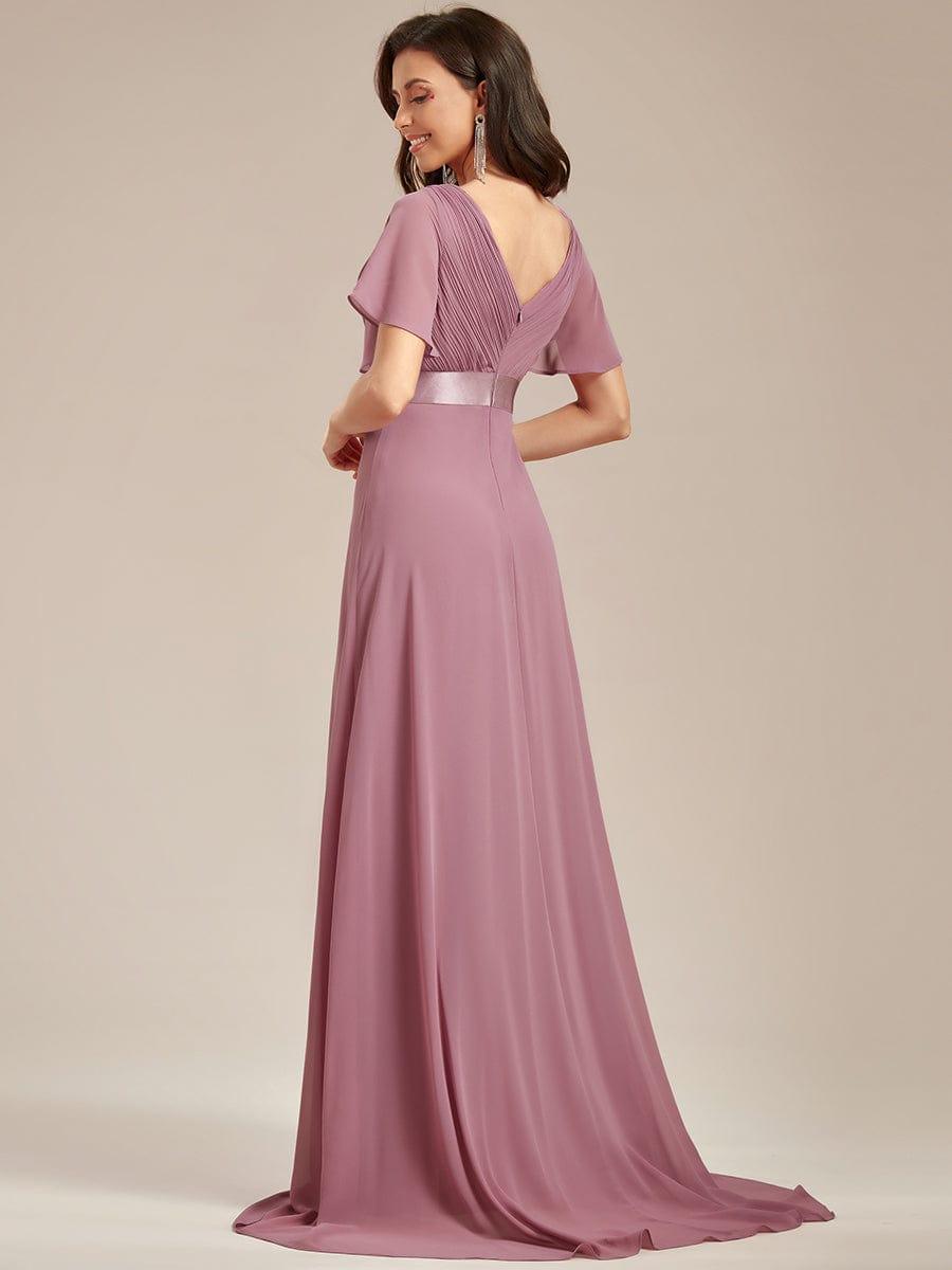 MONICA|Long Empire Waist Bridesmaid Dress with Short Flutter Sleeves