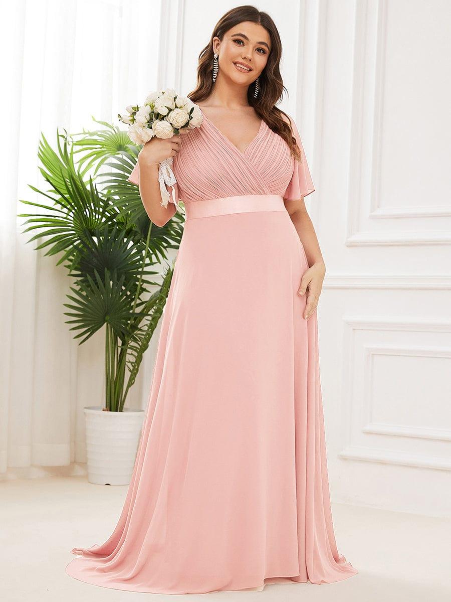 pretty MONICA|Plus Size Empire Waist V Back Bridesmaid Dress with Short Sleeves
