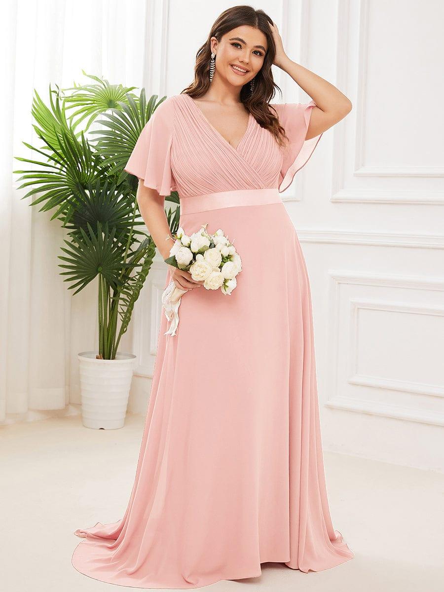 pretty MONICA|Plus Size Empire Waist V Back Bridesmaid Dress with Short Sleeves