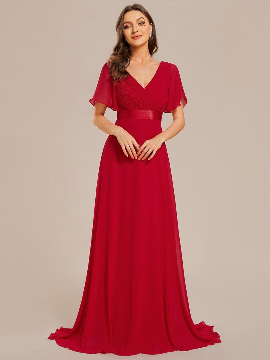 MONICA|Long Empire Waist Bridesmaid Dress with Short Flutter Sleeves