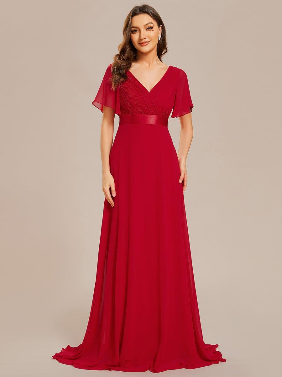 MONICA|Long Empire Waist Bridesmaid Dress with Short Flutter Sleeves