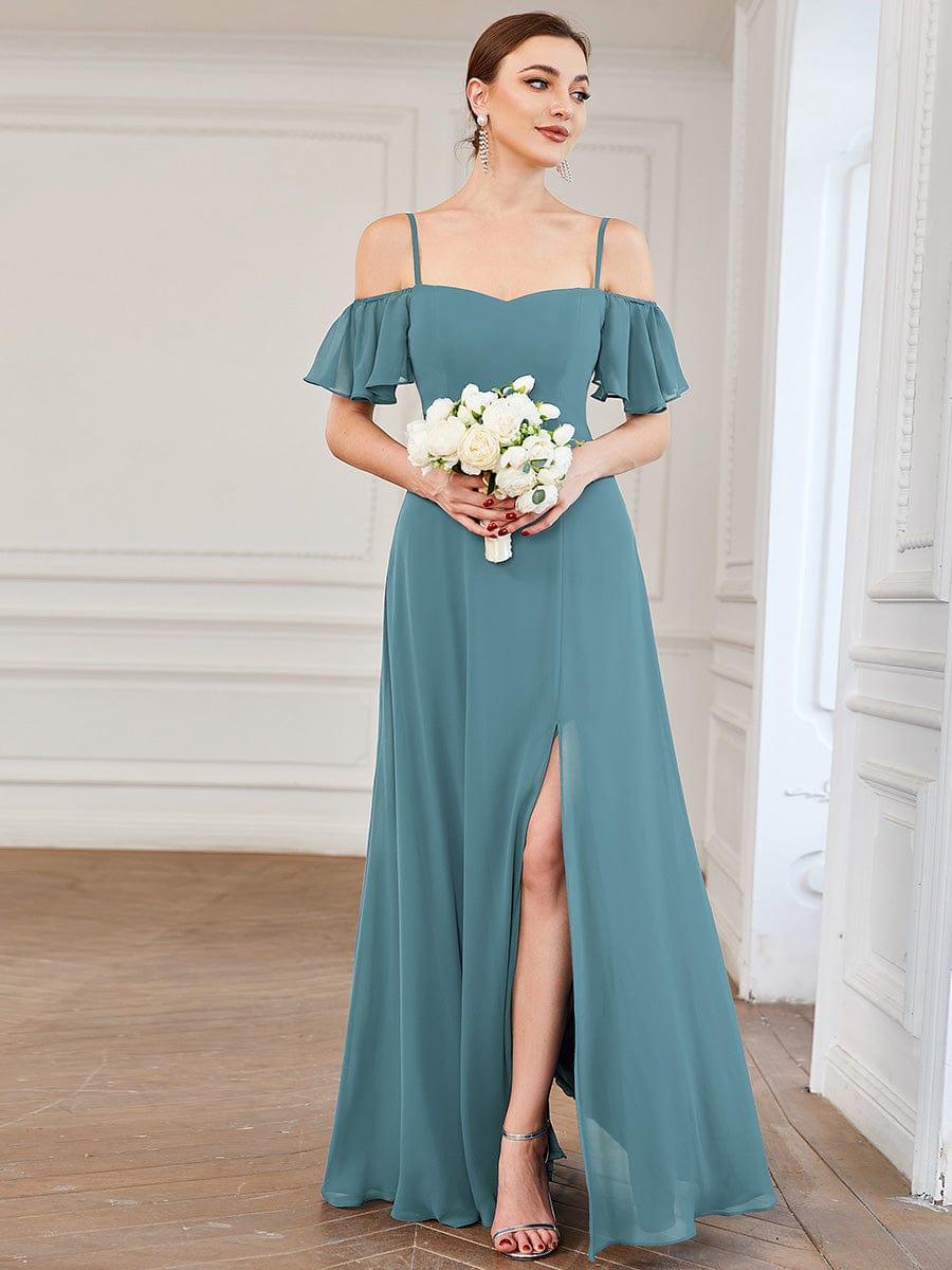 REYA|Stylish Cold Shoulder Flare Sleeves Flowy Bridesmaid Dress