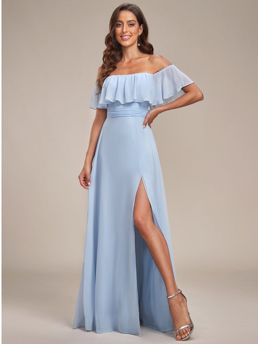 ÉMILE|Off the Shoulder Ruffle Bodice Long Flowy Chiffon Bridesmaid Dress