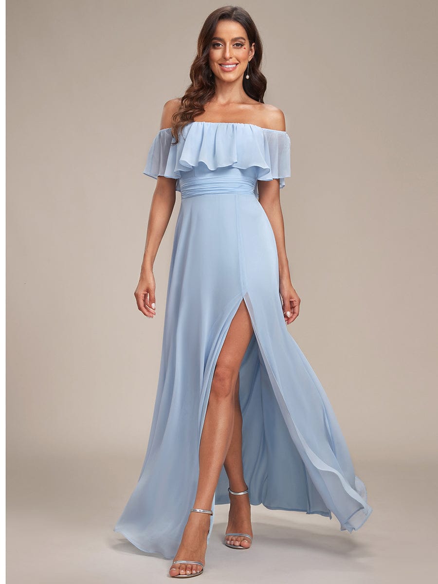 ÉMILE|Off the Shoulder Ruffle Bodice Long Flowy Chiffon Bridesmaid Dress