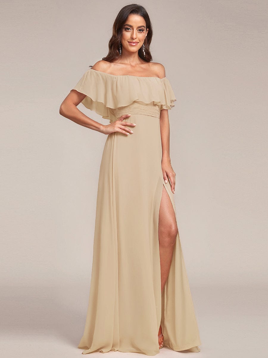 ÉMILE|Off the Shoulder Ruffle Bodice Long Flowy Chiffon Bridesmaid Dress