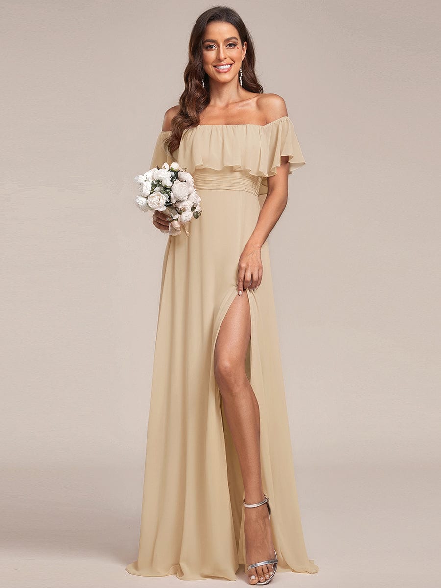 ÉMILE|Off the Shoulder Ruffle Bodice Long Flowy Chiffon Bridesmaid Dress