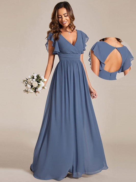 LILYANA|Back Cutout A-Line Pleated Ruffles Sleeve Chiffon Bridesmaid Dress