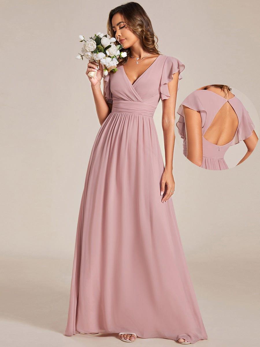 LILYANA|Back Cutout A-Line Pleated Ruffles Sleeve Chiffon Bridesmaid Dress