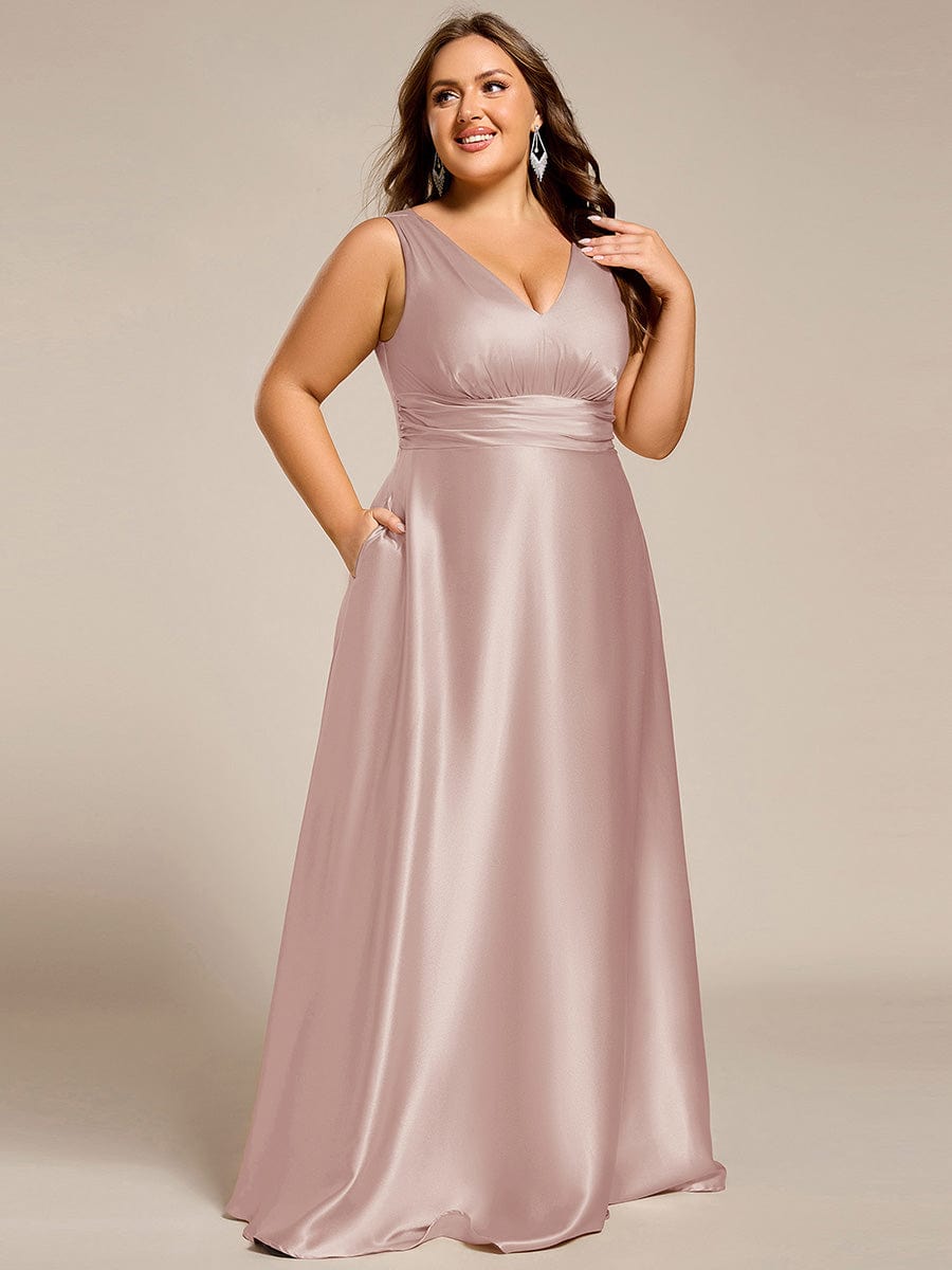 INDY|V-neck Empire Waist Satin Maxi Bridesmaid Dress with Pockets