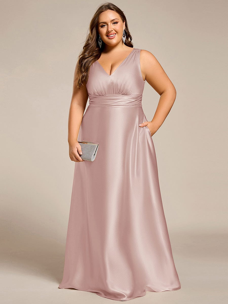 pretty INDY|Plus Size Satin Empire Waist Maxi Bridesmaid Dress with Pockets