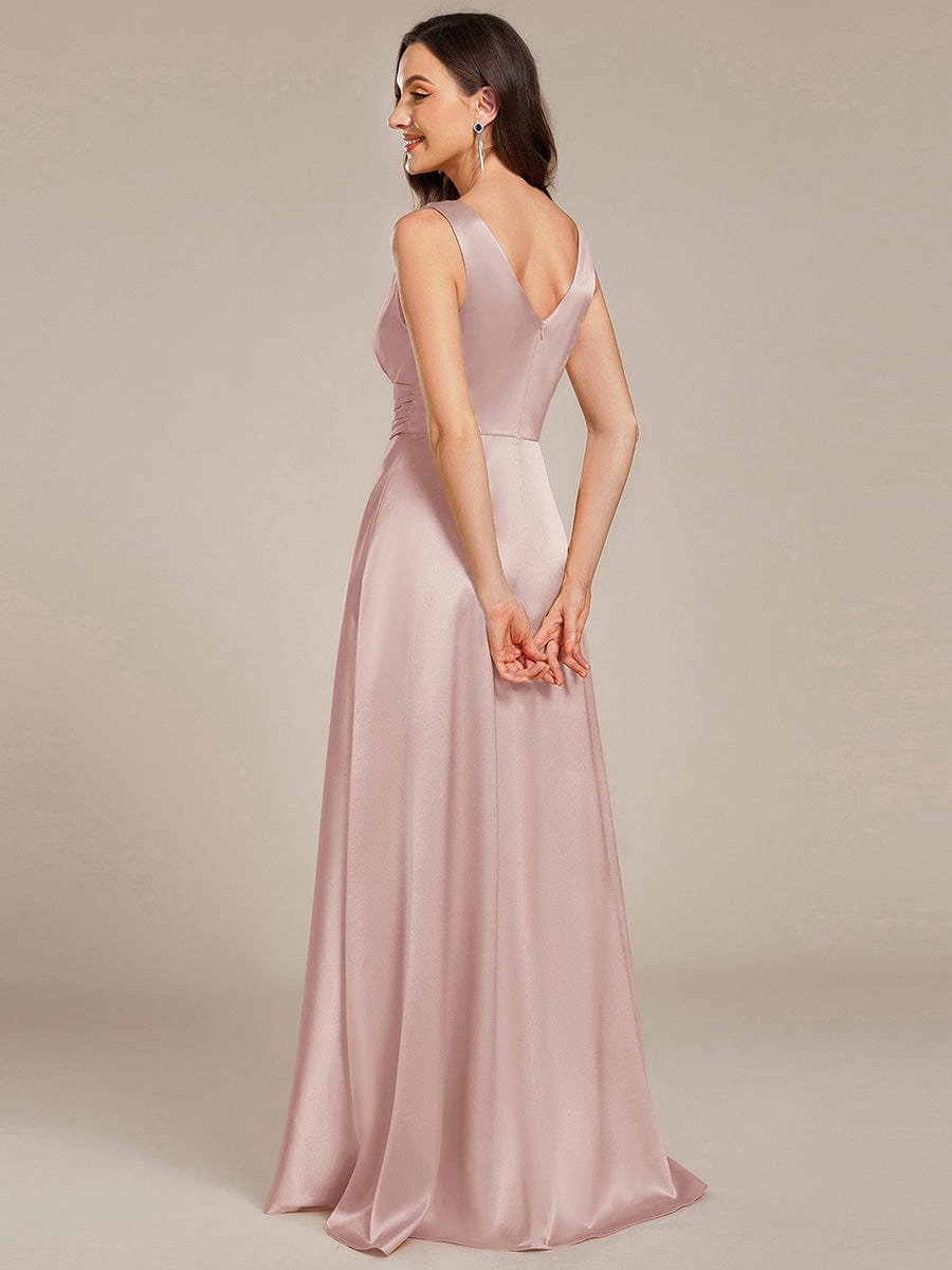 INDY|V-neck Empire Waist Satin Maxi Bridesmaid Dress with Pockets