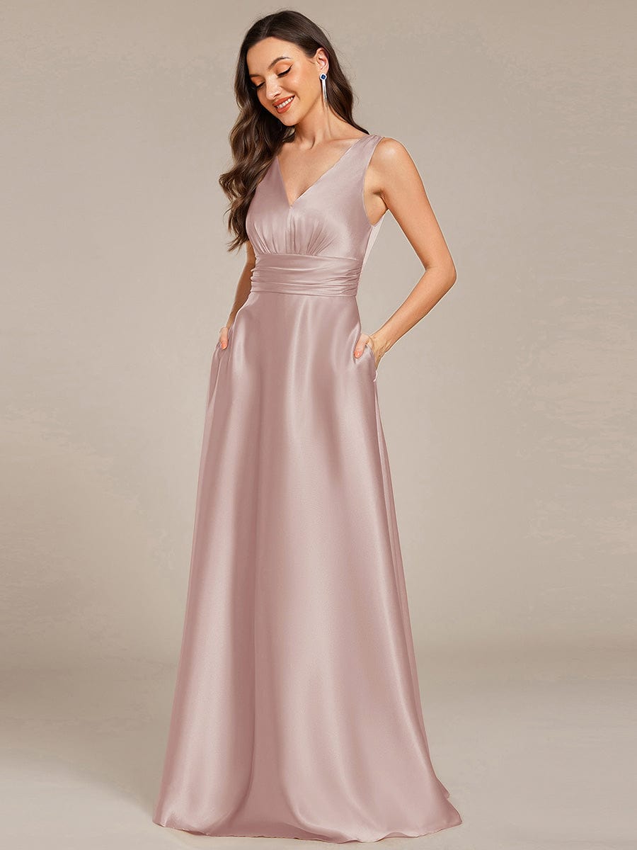 INDY|V-neck Empire Waist Satin Maxi Bridesmaid Dress with Pockets