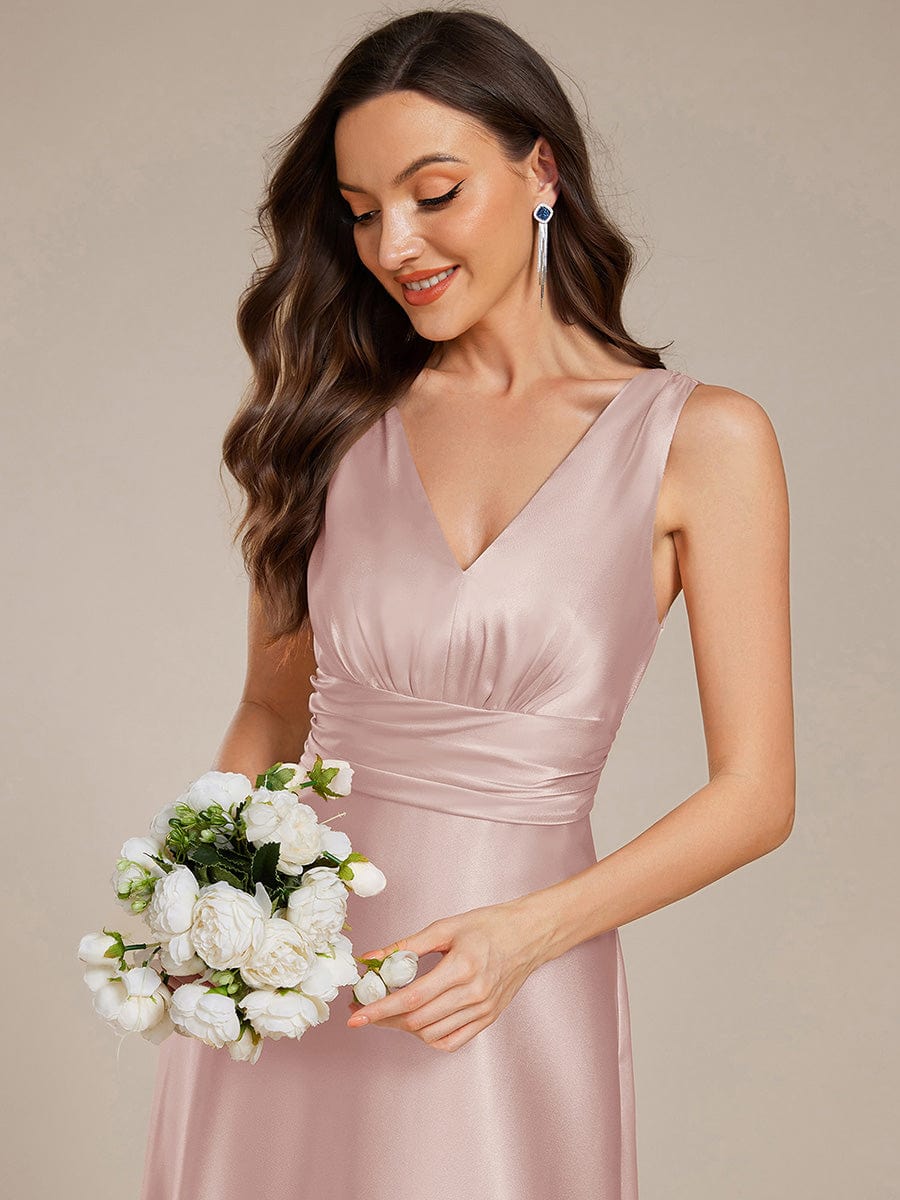 INDY|V-neck Empire Waist Satin Maxi Bridesmaid Dress with Pockets