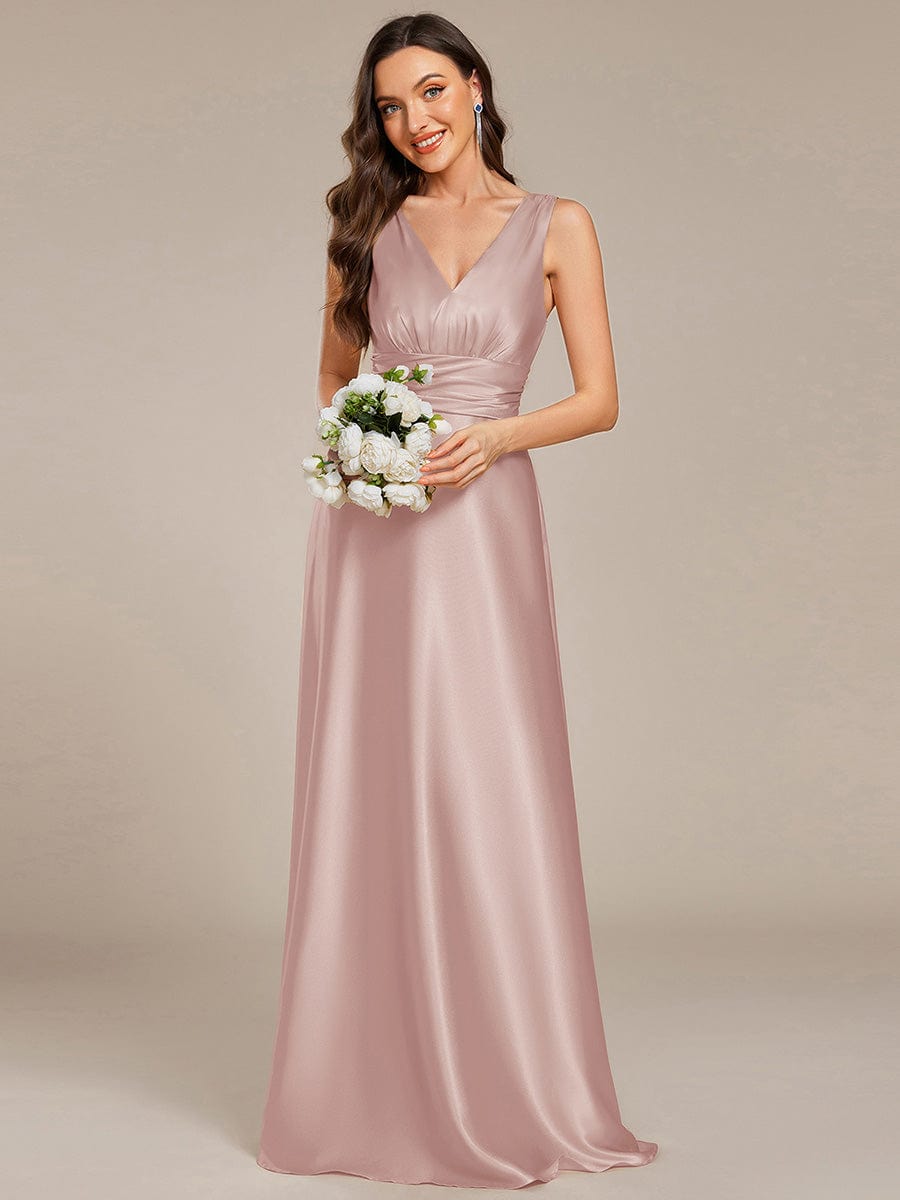 INDY|V-neck Empire Waist Satin Maxi Bridesmaid Dress with Pockets