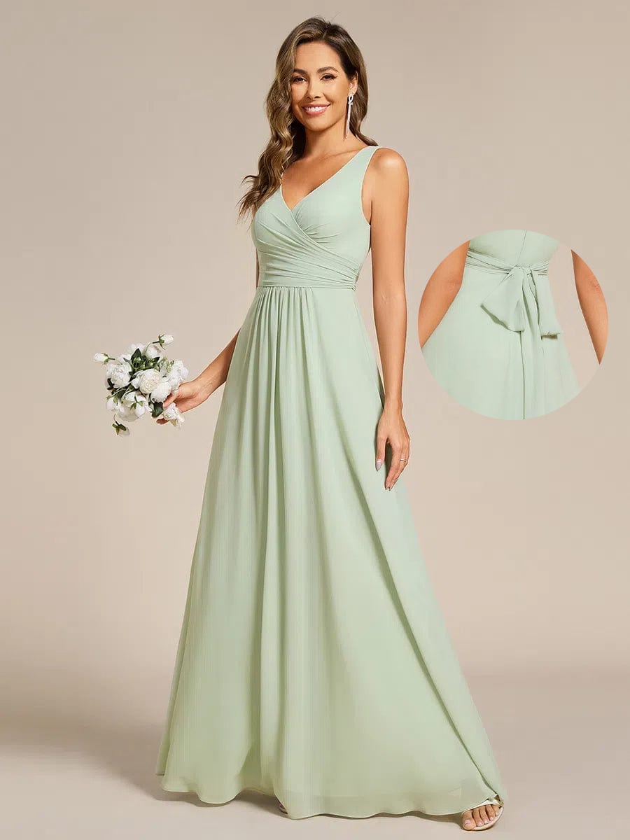 SAUYER|Strapless Pleated V-Neck A-Line Maxi Chiffon Bridesmaid Dress