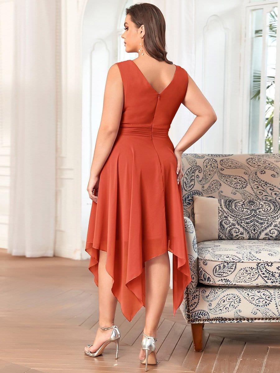 pretty ELORA|Plus Size Double V Neck Ruched-Waist Midi Chiffon Bridesmaid Dress