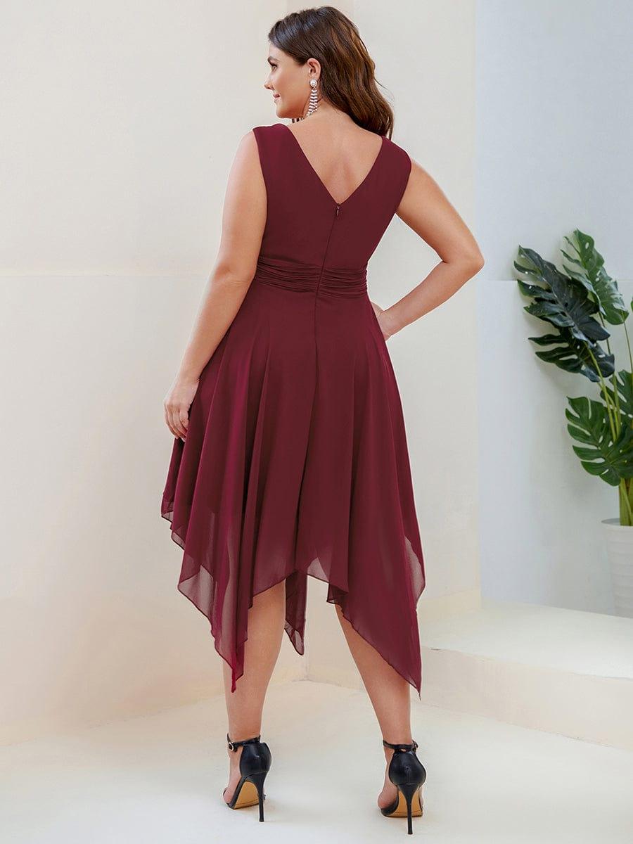 pretty ELORA|Plus Size Double V Neck Ruched-Waist Midi Chiffon Bridesmaid Dress