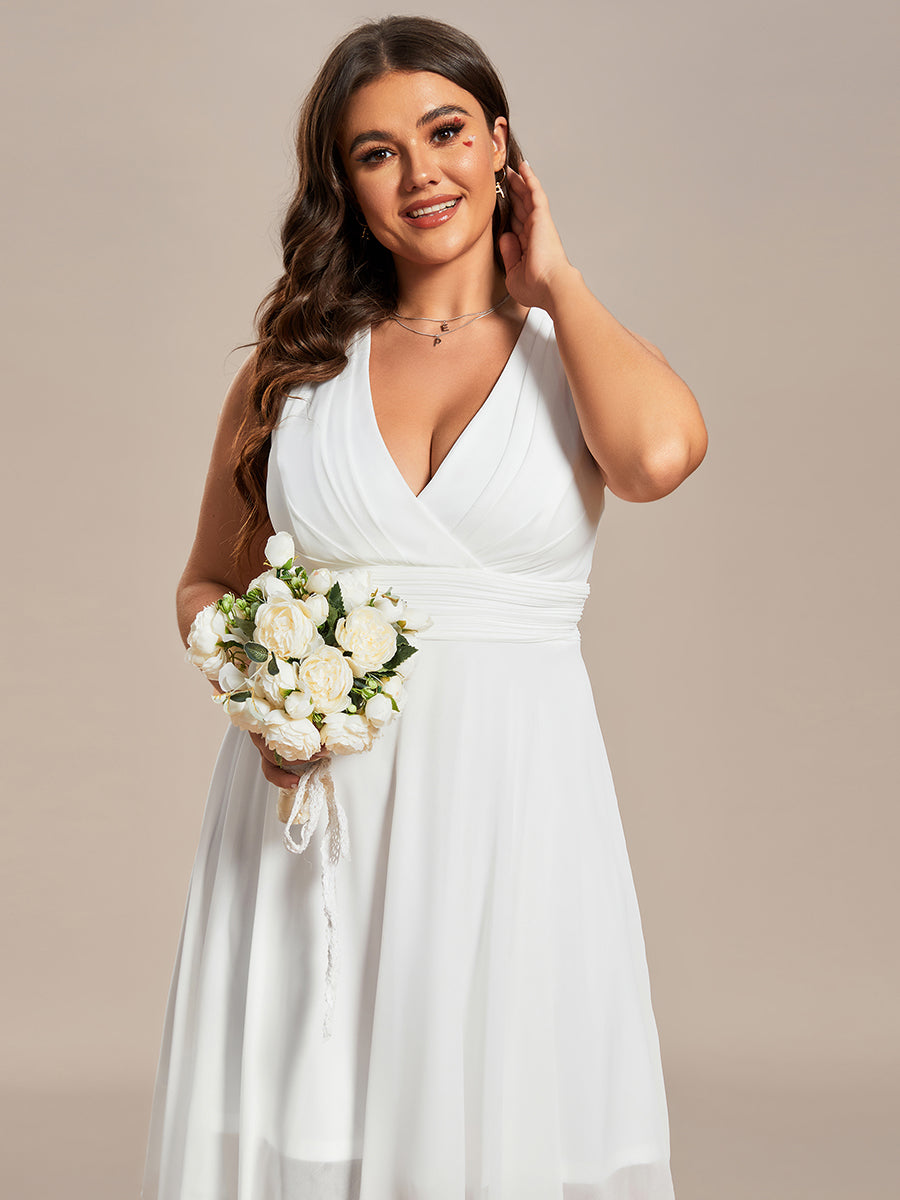 pretty ELORA|Plus Size Double V Neck Ruched-Waist Midi Chiffon Bridesmaid Dress