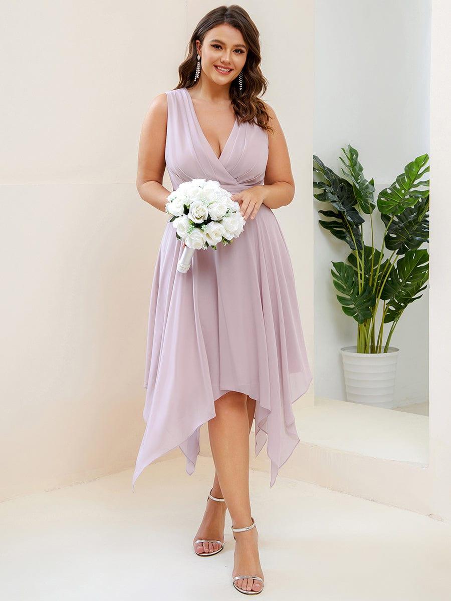 pretty ELORA|Plus Size Double V Neck Ruched-Waist Midi Chiffon Bridesmaid Dress