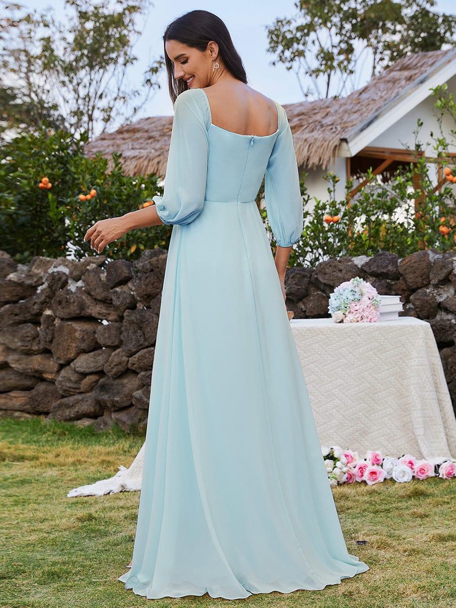 DANICA|High-Slit Waist Pleated Off Shoulder Chiffon Bridesmaid Dress with Long Sleeves