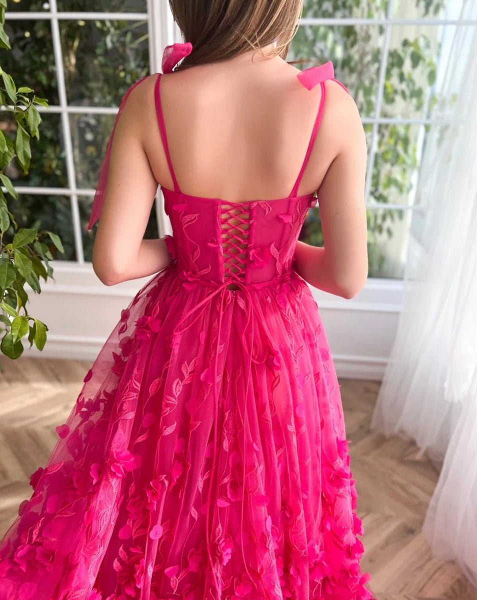Cameron | Fuchsia - Elegant A-line 3D Flower Lace Prom Dress With Slit