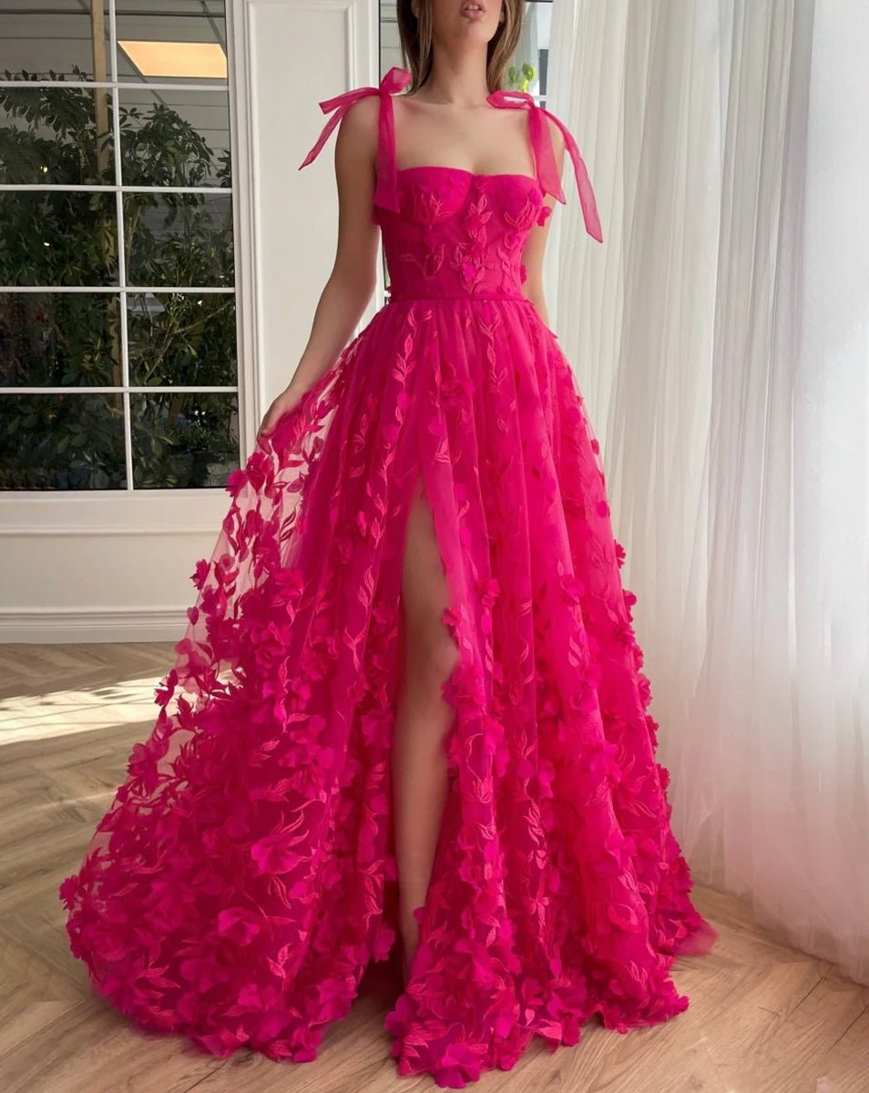Cameron | Fuchsia - Elegant A-line 3D Flower Lace Prom Dress With Slit