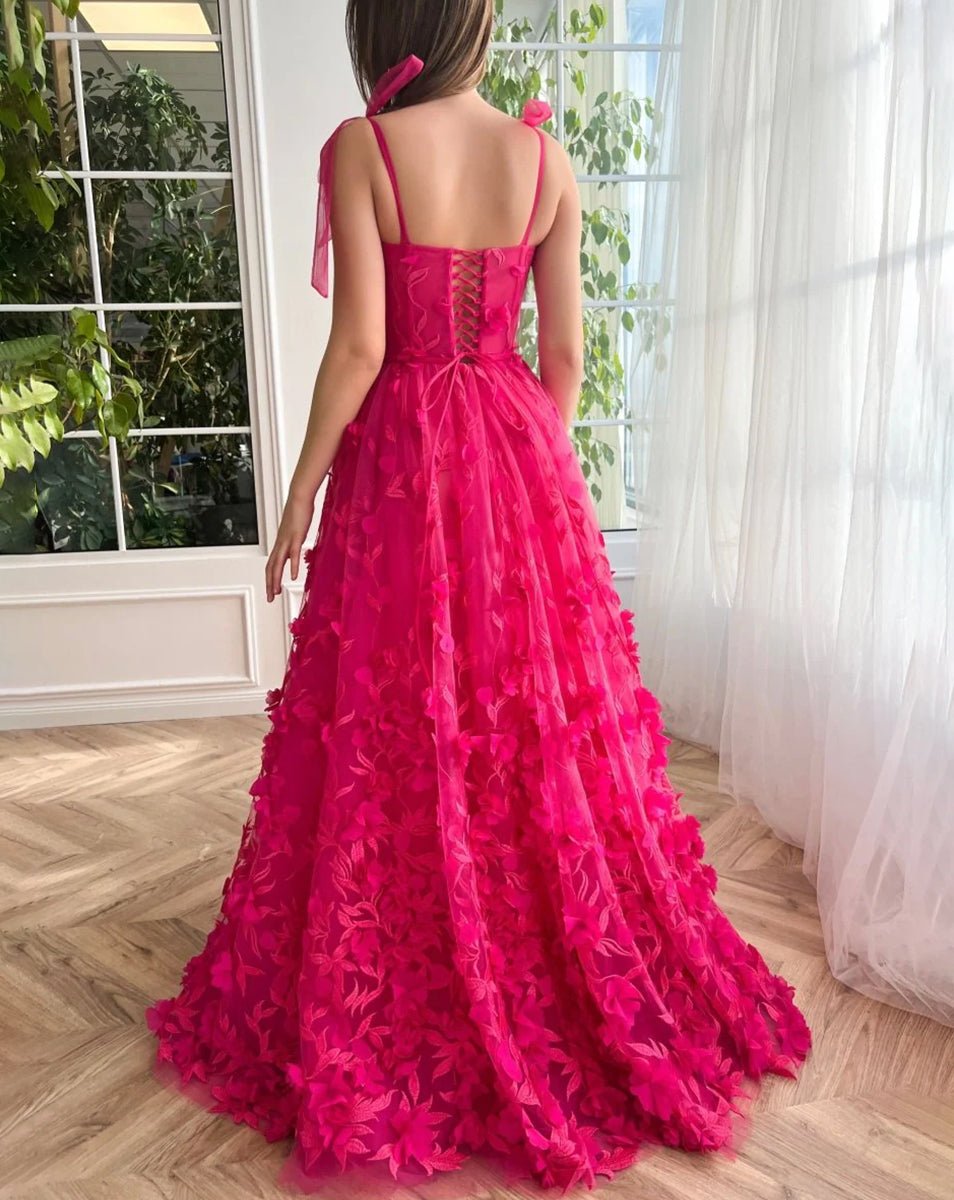 Cameron | Fuchsia - Elegant A-line 3D Flower Lace Prom Dress With Slit