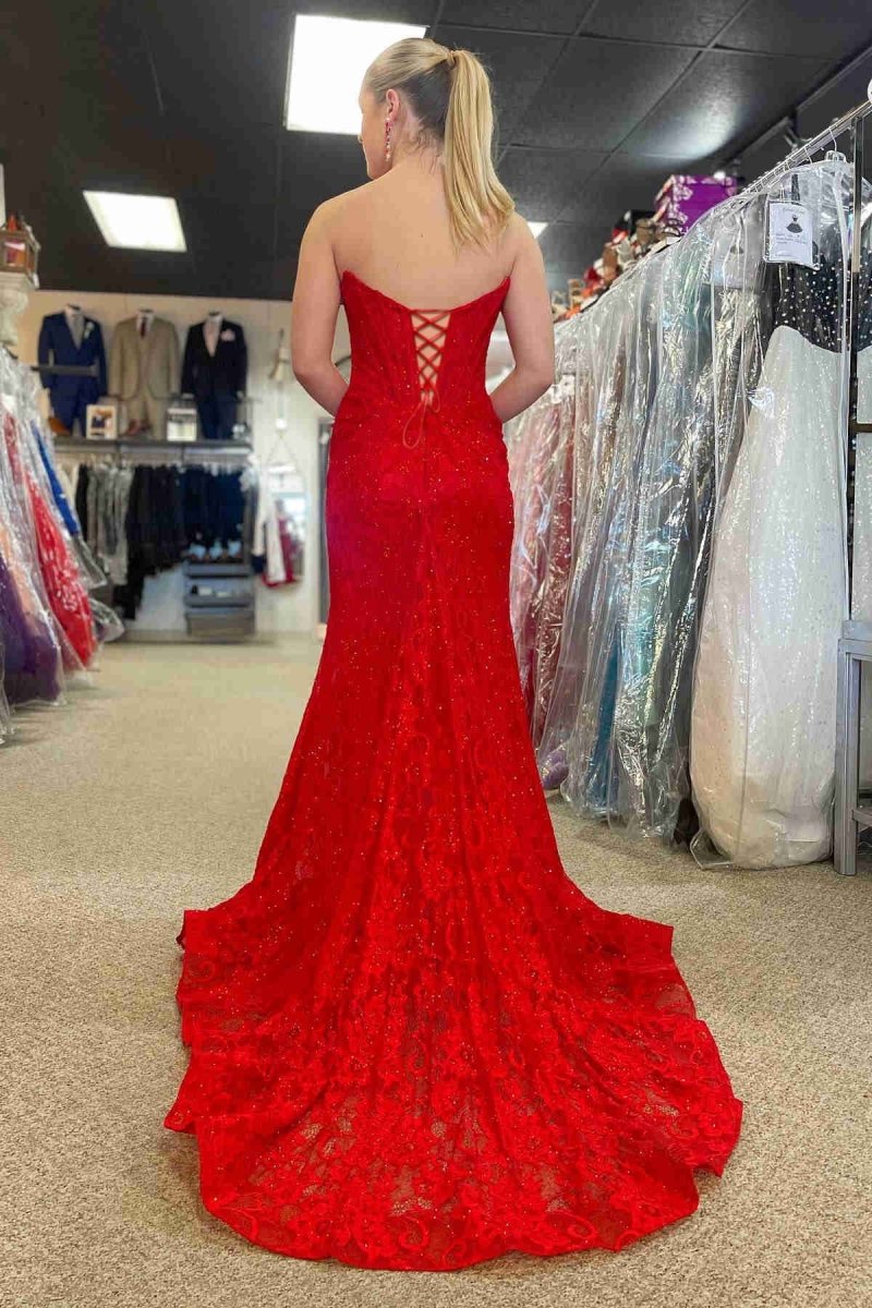 Mandy | Lavender Strapless Lace Ruched Mermaid Prom Dress with Slit