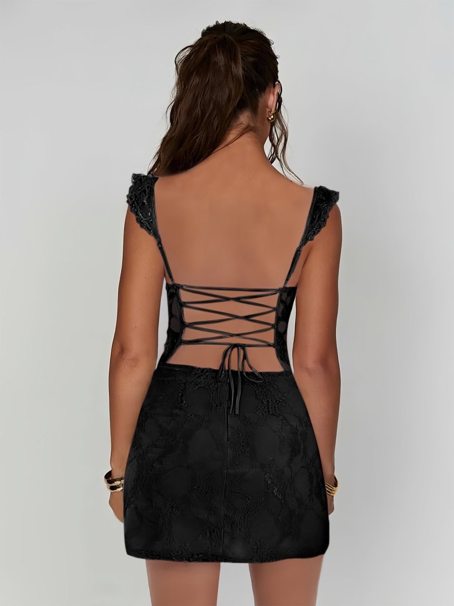 Gema | Black - Spaghetti Straps Sheath Lace Short Homecoming & Cocktail Dress With Slit