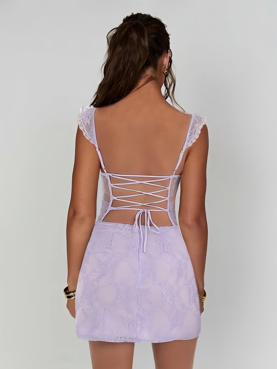 Gema | Lilac - Spaghetti Straps Sheath Lace Short Homecoming & Cocktail Dress With Slit