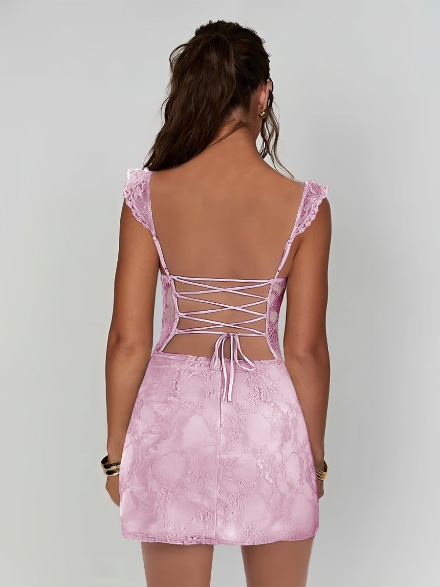 Gema | Pink - Spaghetti Straps Sheath Lace Short Homecoming & Cocktail Dress With Slit