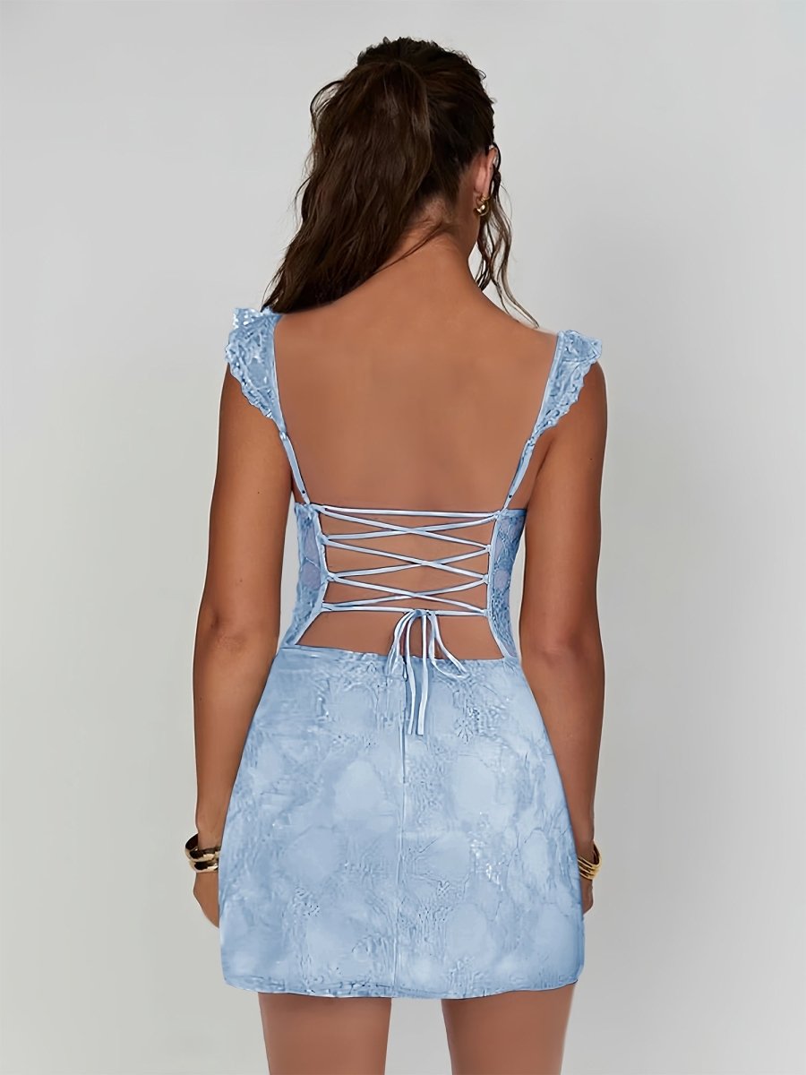 Gema | Sky Blue - Spaghetti Straps Sheath Lace Short Homecoming & Cocktail Dress With Slit