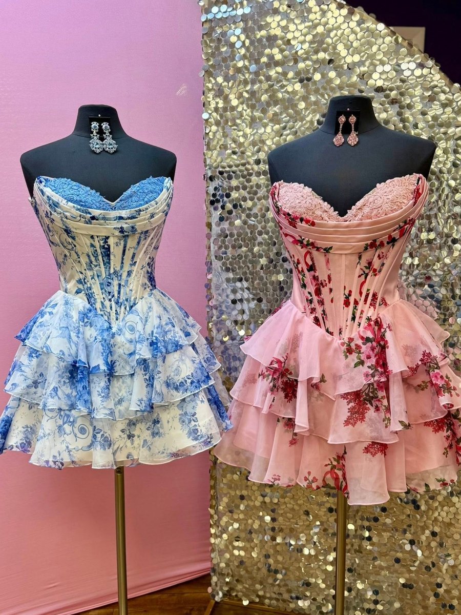 Gilda | Sky Blue - A Line Sweetheart Floral Chiffon Corset Ruffled Homecoming Dresses