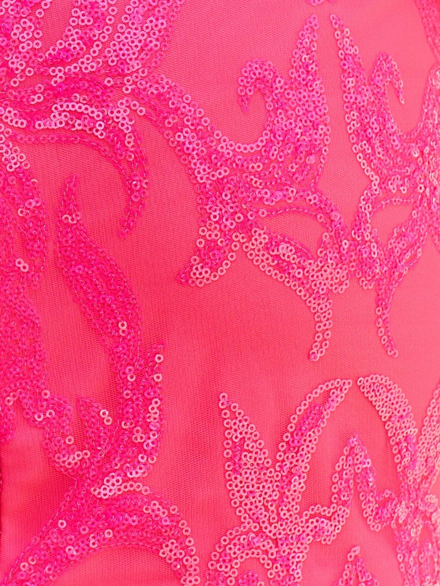 Arianna | Glitter Hot Pink Fitted V-Neck Spaghetti Straps Sequined Appliques Mini Party Dresses