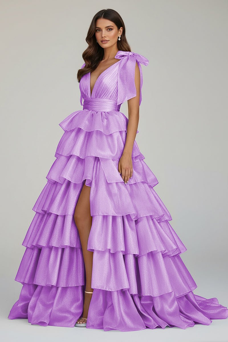 August | Glitter Tie Straps Pink Plunging Neck Tiered Long Prom Dress