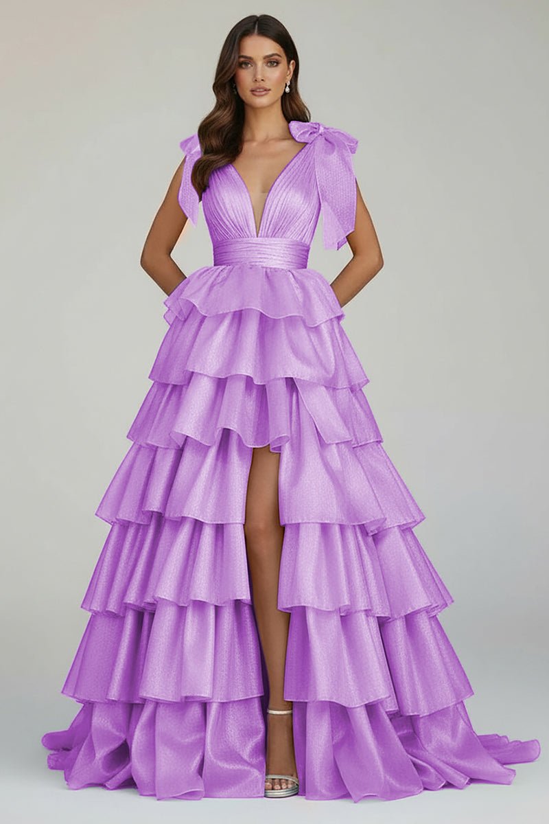 August | Glitter Tie Straps Pink Plunging Neck Tiered Long Prom Dress