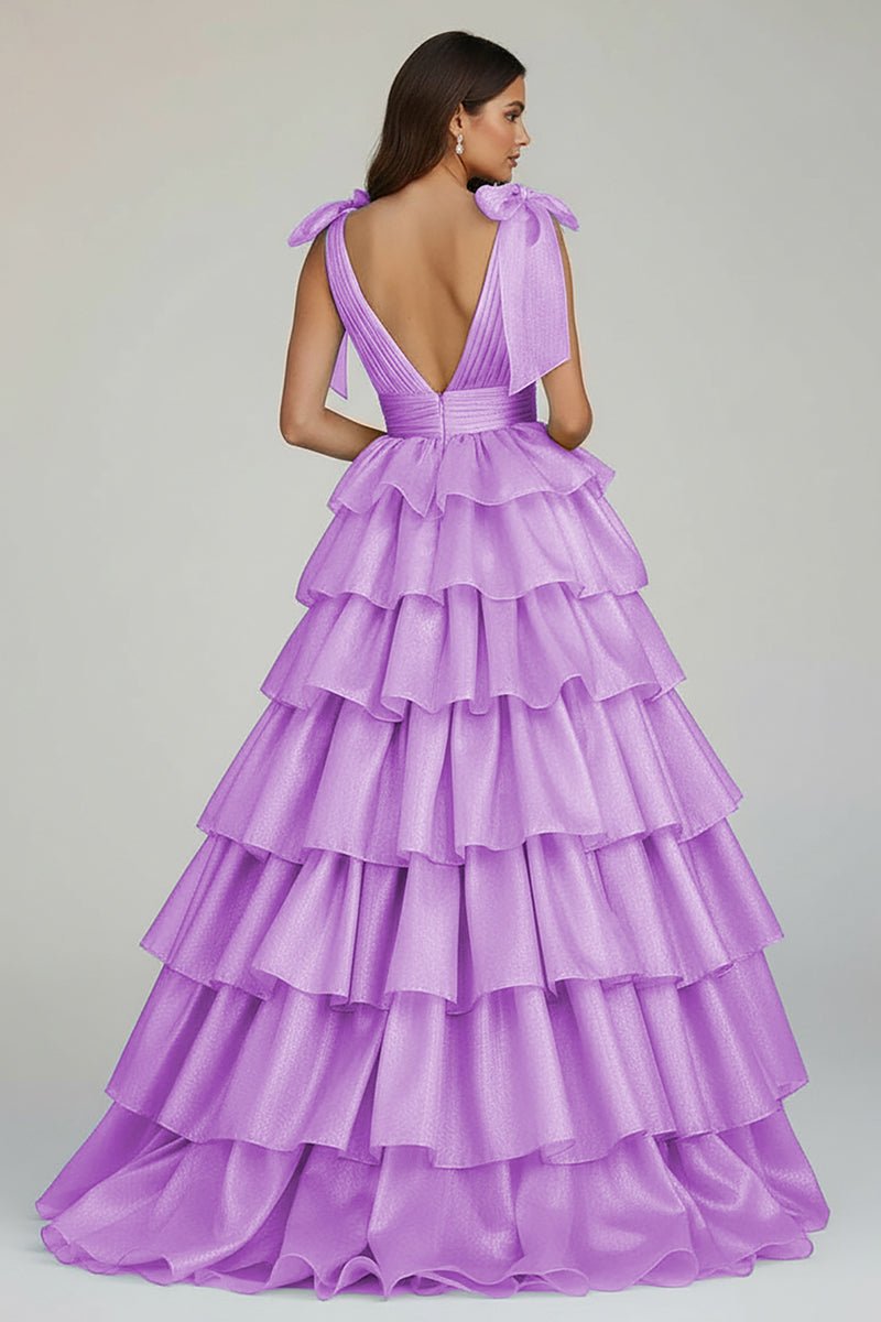 August | Glitter Tie Straps Pink Plunging Neck Tiered Long Prom Dress