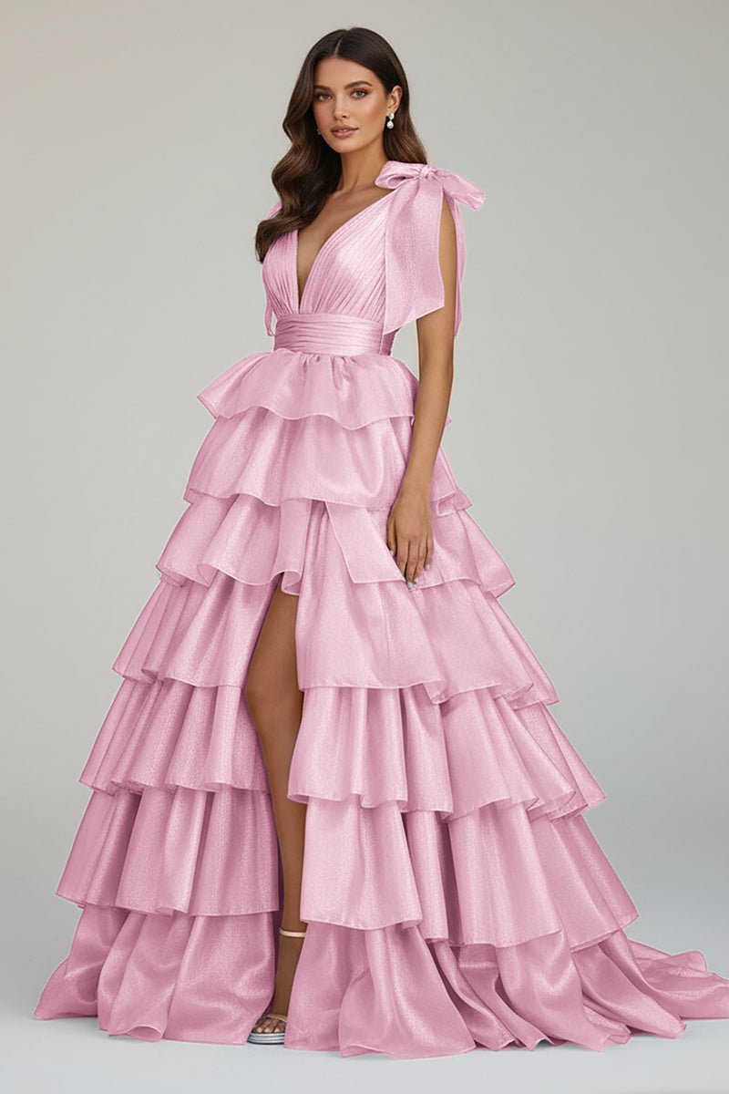 August | Glitter Tie Straps Pink Plunging Neck Tiered Long Prom Dress