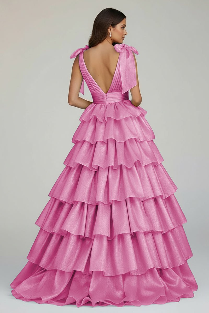 August | Glitter Tie Straps Pink Plunging Neck Tiered Long Prom Dress