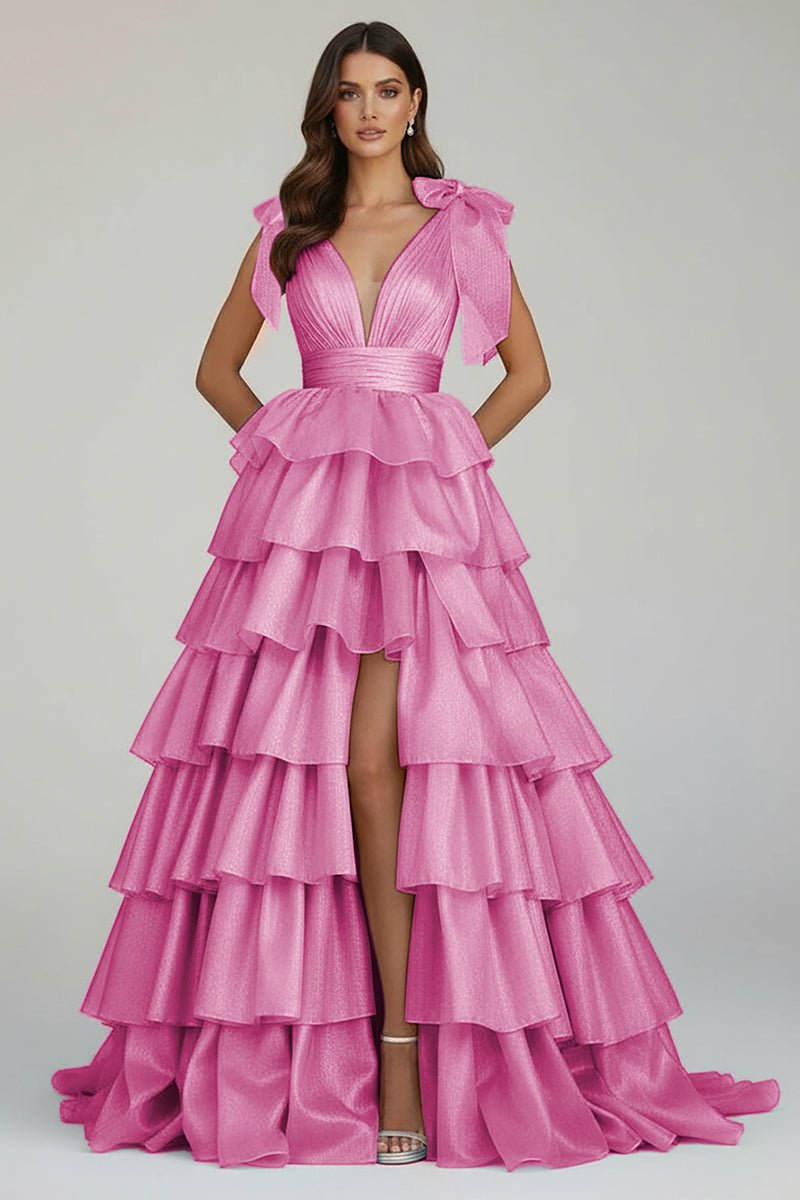 August | Glitter Tie Straps Pink Plunging Neck Tiered Long Prom Dress